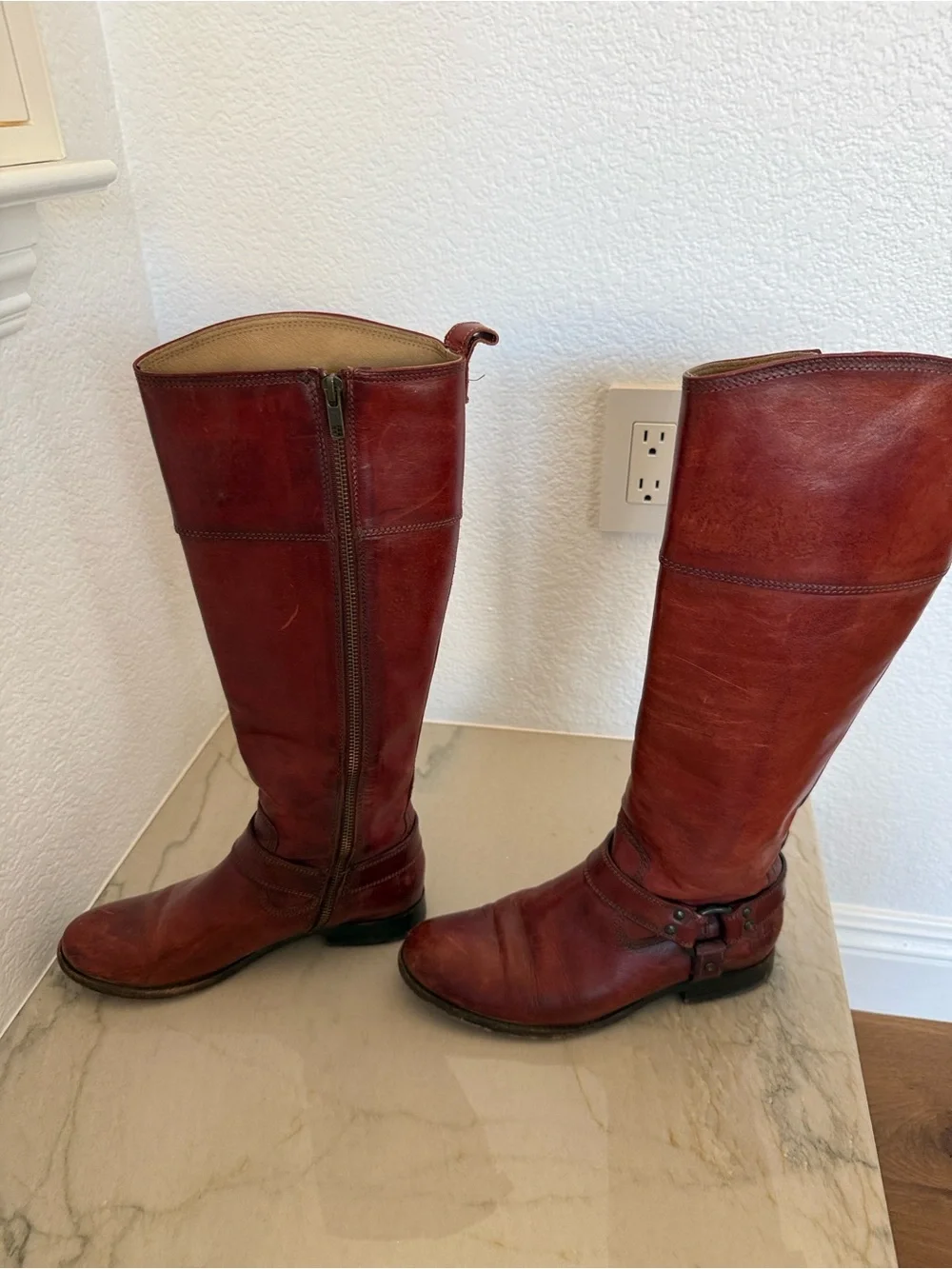 Frye Melissa Harness Leather Riding Boots in a reddish-brown color